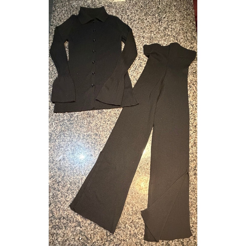 Blvck Fashion Ribbed Knit 2 Piece Set Cardigan Bell Sleeve Wide Leg Pants Slit‎